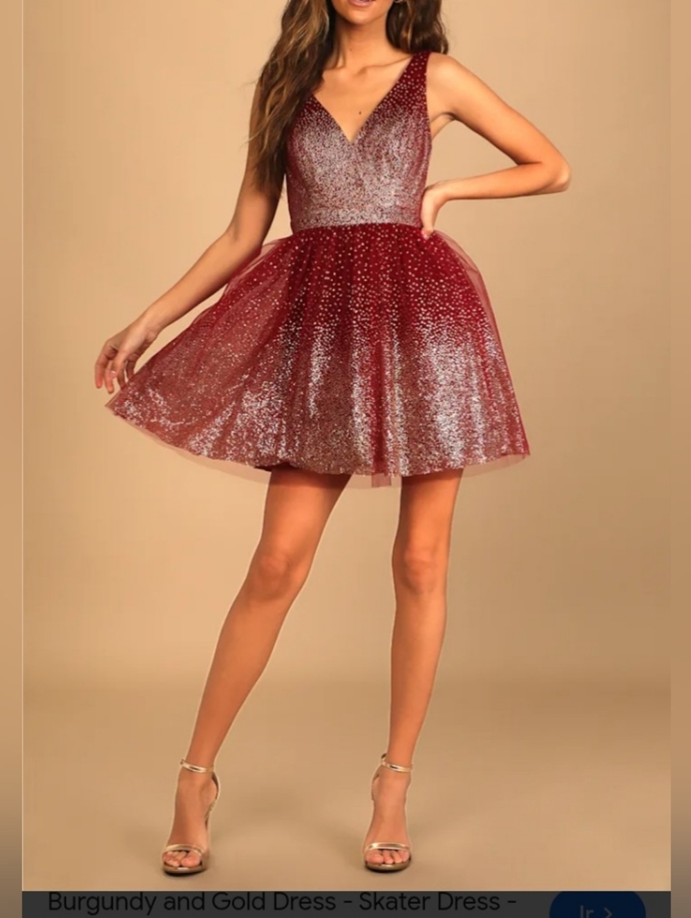 Lulu's Burgundy & Gold Glitter V-Neck Skater Dress